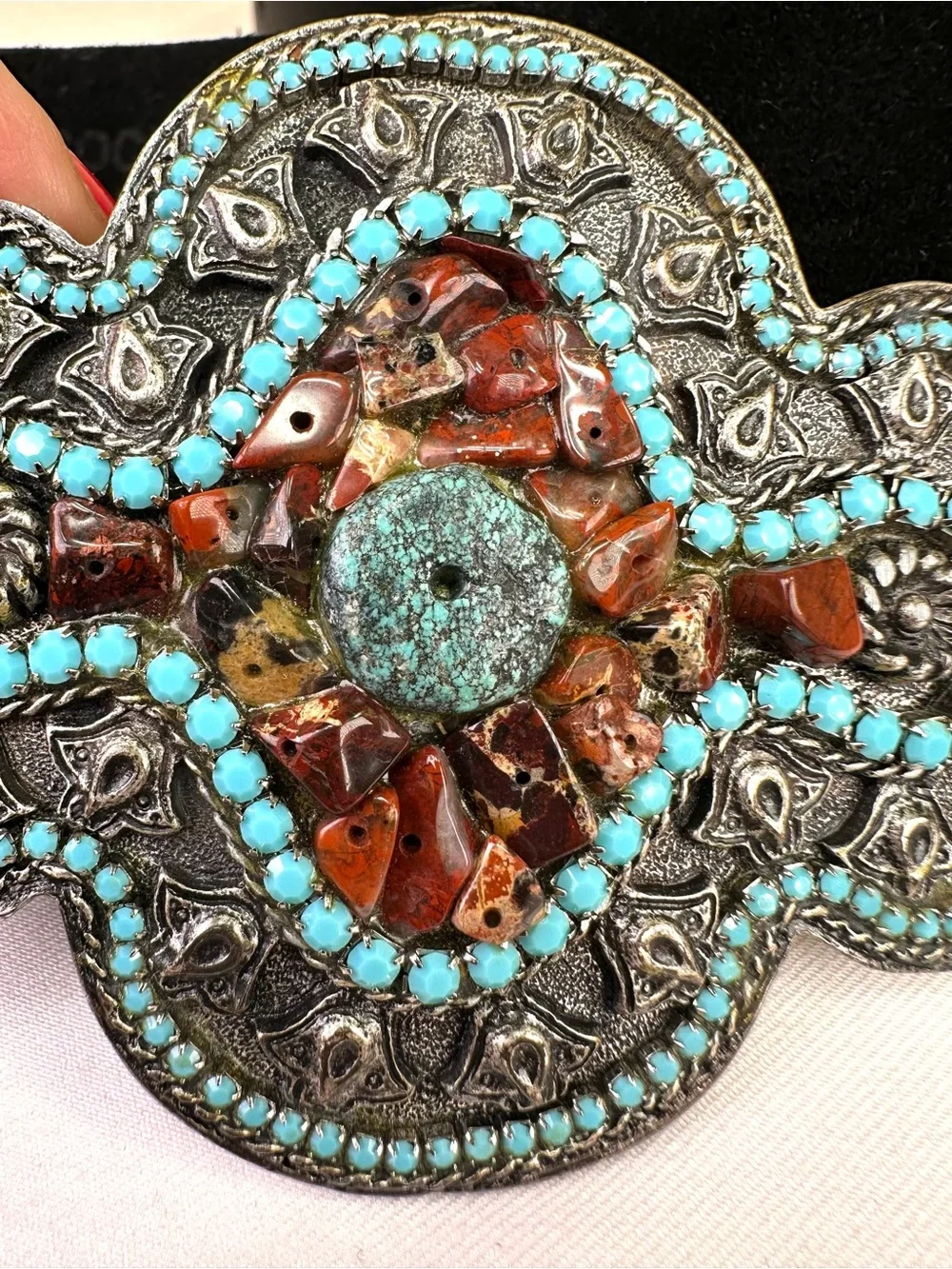 Leatherock Black leather handcrafted artisan buckle turquoise-style cabochons